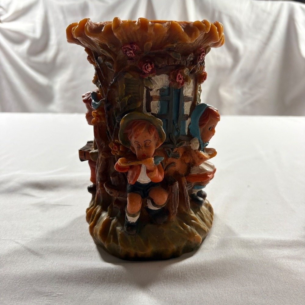 Gunter Kerzen Vintage Wax Pillar Candle West Germany Carved Relief Children 8.5"